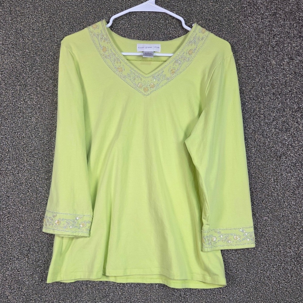 Susan Graver Style V-Neck Top Women L Lime Green Embroidered Sequin 3/4 Sleeve